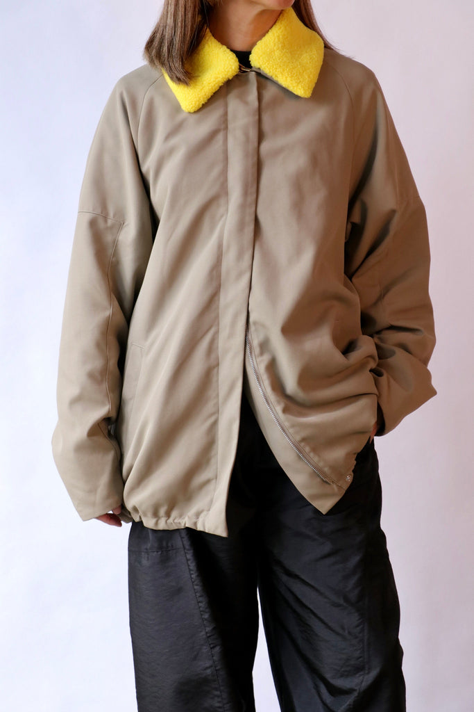 Tibi Lotte Nylon Carcoat With Removable Sherpa Collar in Khaki Outerwear Tibi 