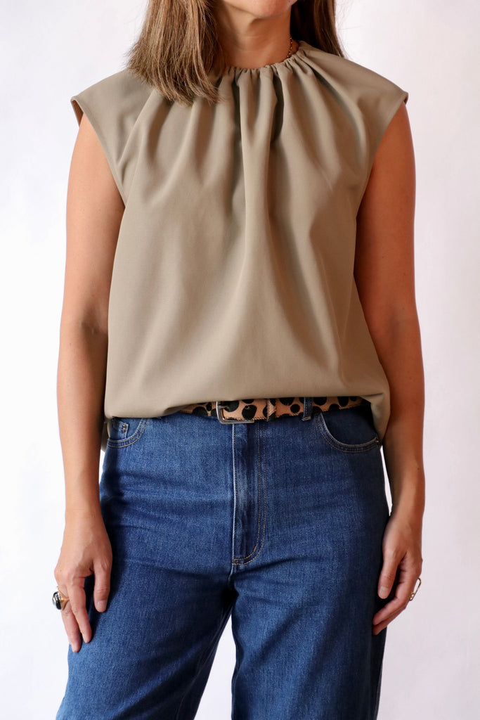 Tibi Lotte Nylon Shirred Neck Top in Khaki tops-blouses Tibi 