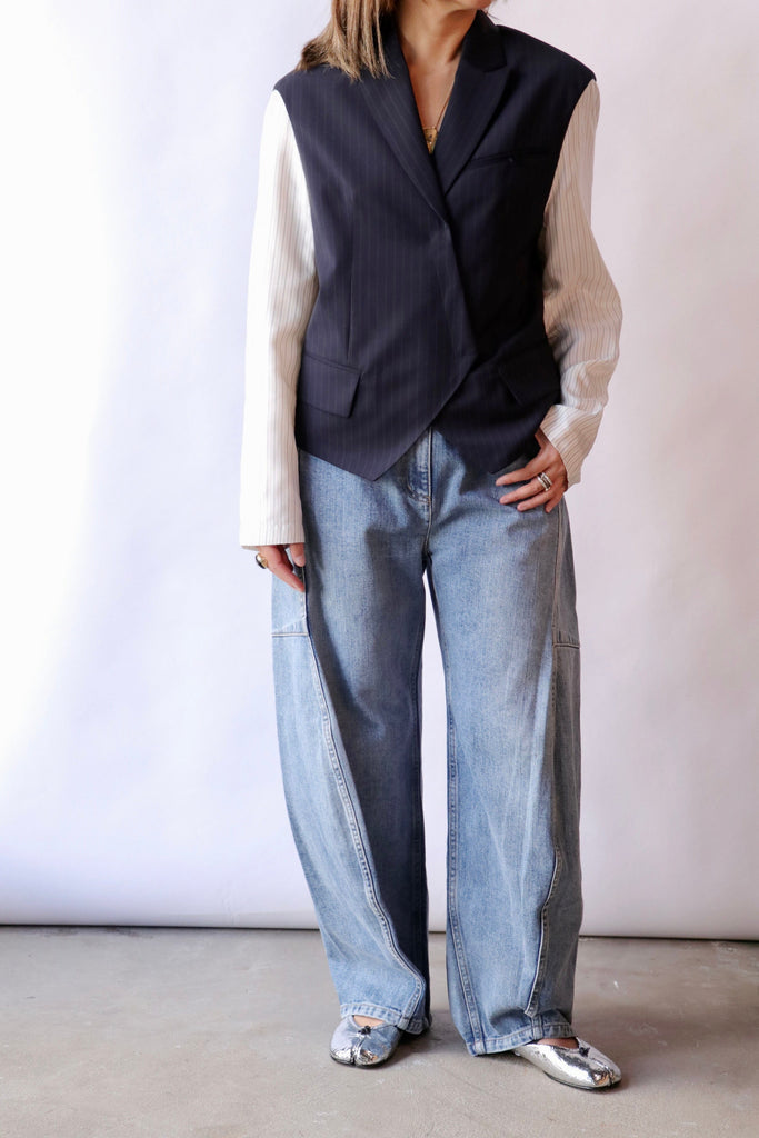 Tibi Mier Pinstripe Blazer With Combo Sleeves in Navy Multi tops-blouses Tibi 