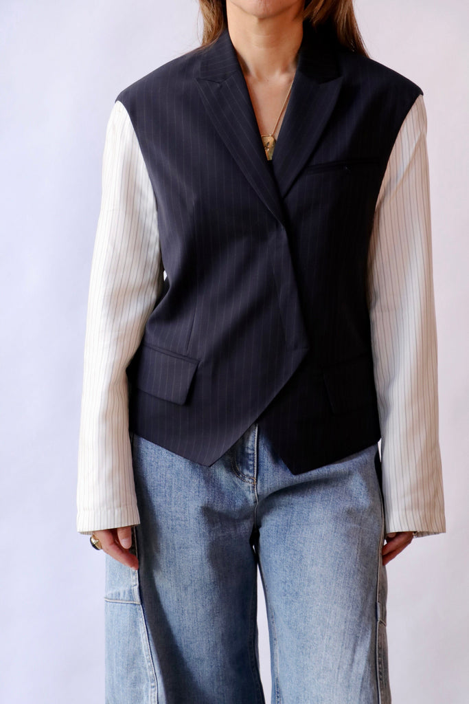 Tibi Mier Pinstripe Blazer With Combo Sleeves in Navy Multi tops-blouses Tibi 
