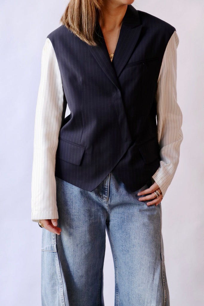 Tibi Mier Pinstripe Blazer With Combo Sleeves in Navy Multi tops-blouses Tibi 