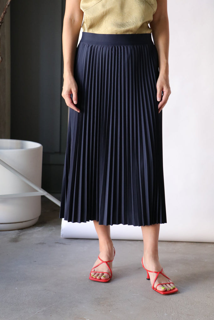 Tibi Nylon Pleating Sunray Pullon Skirt in Navy Bottoms Tibi 