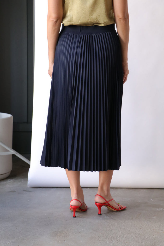 Tibi Nylon Pleating Sunray Pullon Skirt in Navy Bottoms Tibi 