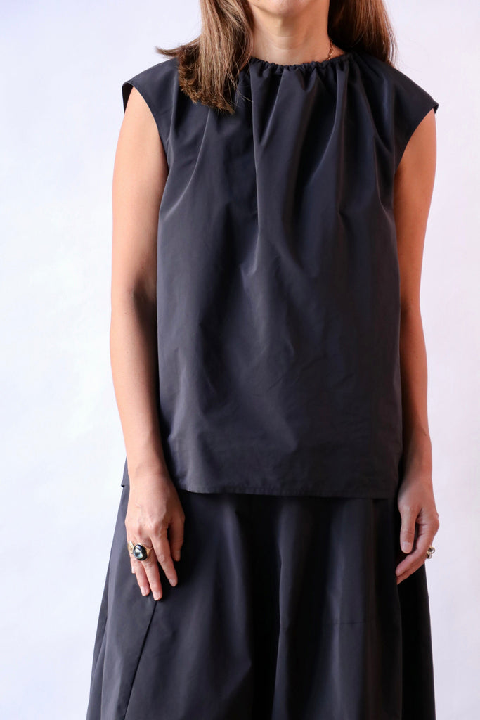 Tibi Nylon Shirred Neck Top in Navy tops-blouses Tibi 