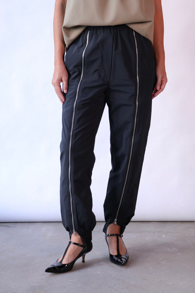 Tibi Nylon Zipper Jogger in Black Bottoms Tibi 