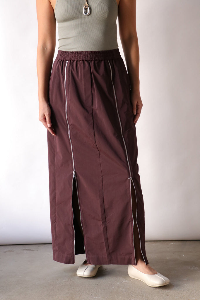 Tibi Nylon Zipper Maxi Skirt in Malbec Bottoms Tibi 