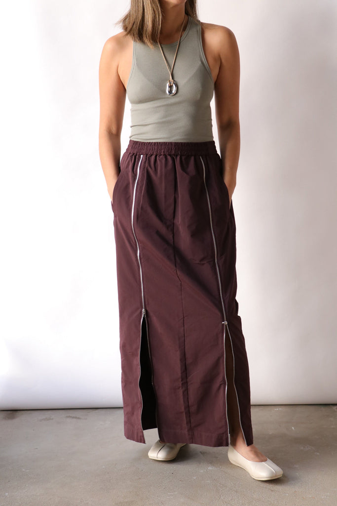 Tibi Nylon Zipper Maxi Skirt in Malbec Bottoms Tibi 