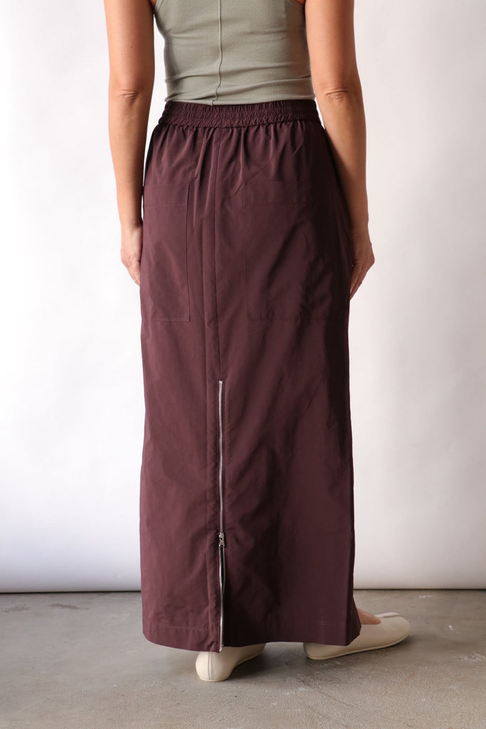 Tibi Nylon Zipper Maxi Skirt in Malbec Bottoms Tibi 