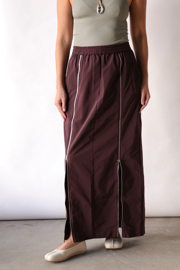 Tibi Nylon Zipper Maxi Skirt in Malbec Bottoms Tibi 