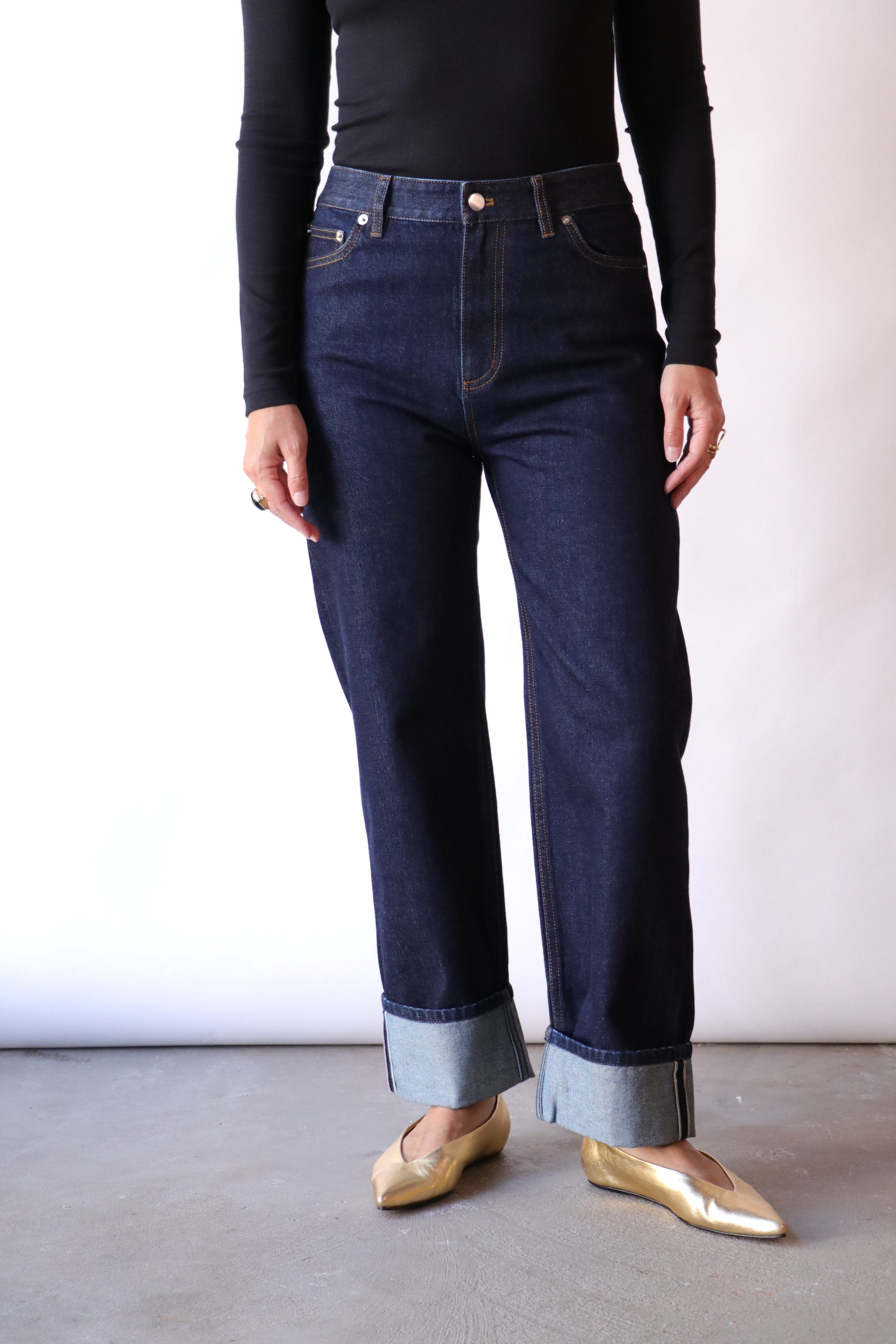 Tibi Selvage Denim 5 Pocket Alec Jean in Dark Denim | WE ARE ICONIC