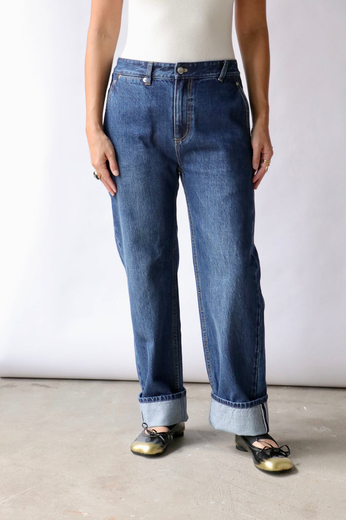 Tibi Selvage Denim Alec Slouch Jean in Dark Denim Bottoms Tibi 