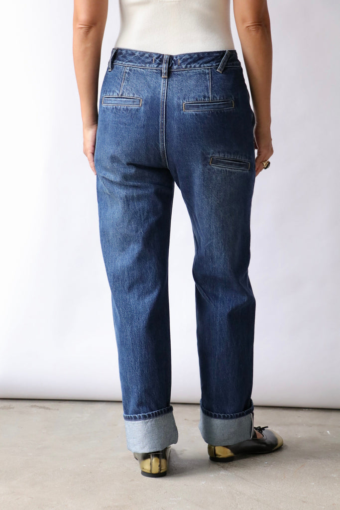 Tibi Selvage Denim Alec Slouch Jean in Dark Denim Bottoms Tibi 