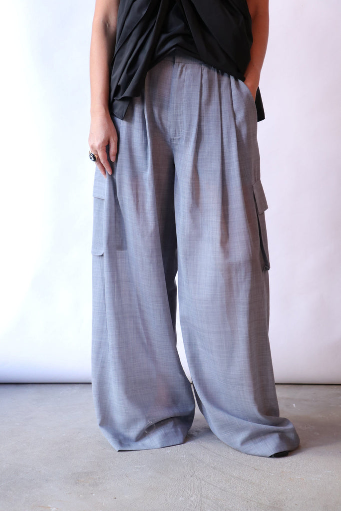 Tibi Sheer Wool Gauze Triple Pleat Pant in Heather Grey Bottoms Tibi 
