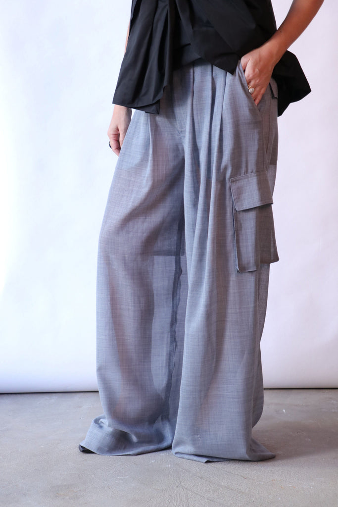 Tibi Sheer Wool Gauze Triple Pleat Pant in Heather Grey Bottoms Tibi 