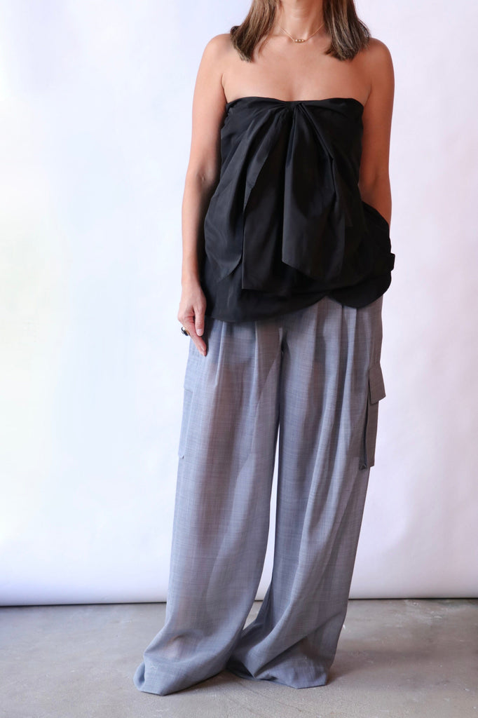 Tibi Sheer Wool Gauze Triple Pleat Pant in Heather Grey Bottoms Tibi 