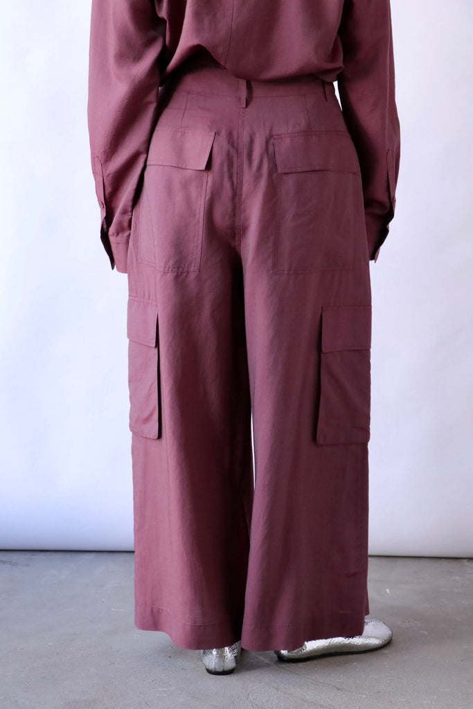 Tibi Silk Viole Cargo Triple Pleat Pant in Light Mulberry Bottoms Tibi 