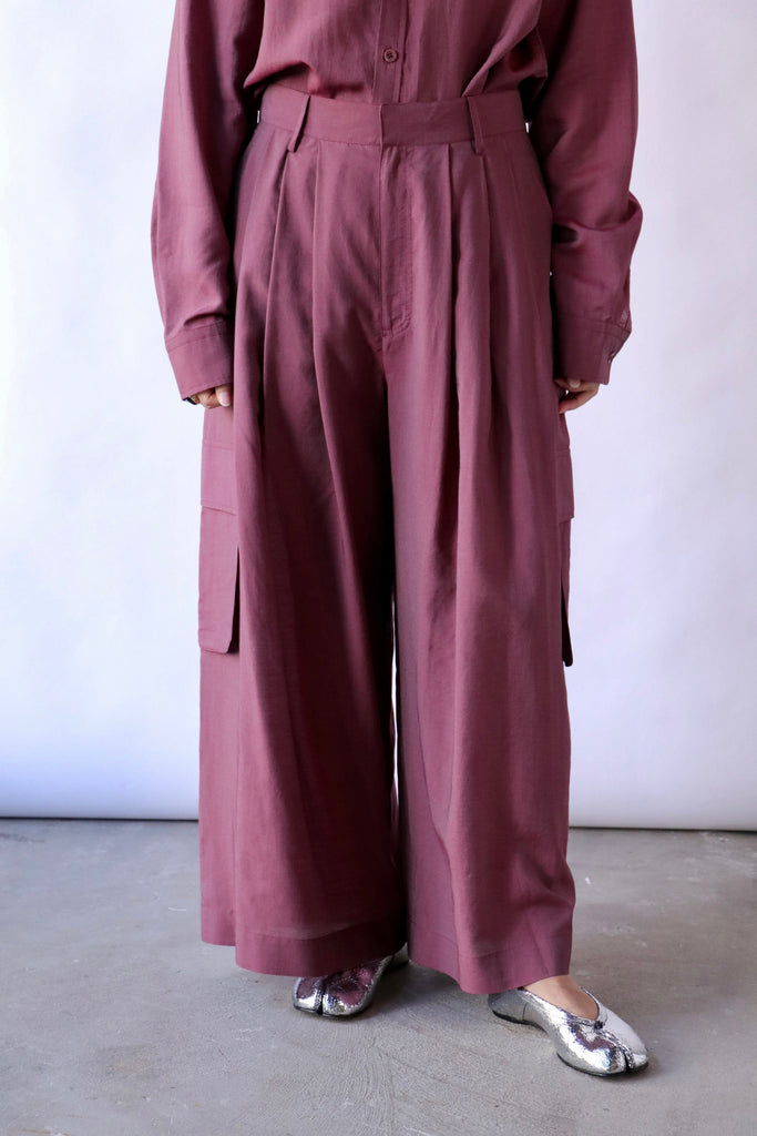 Tibi Silk Viole Cargo Triple Pleat Pant in Light Mulberry Bottoms Tibi 