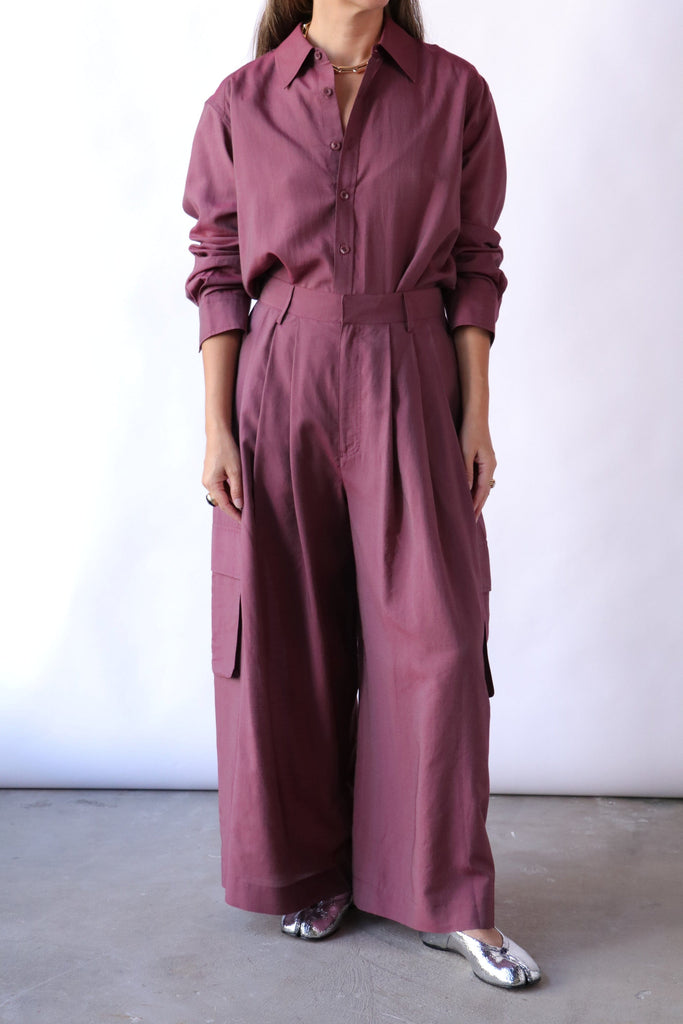 Tibi Silk Viole Cargo Triple Pleat Pant in Light Mulberry Bottoms Tibi 