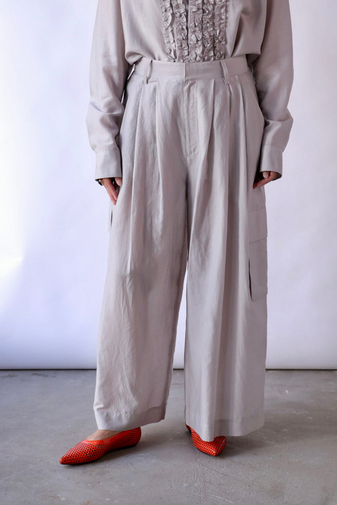 Tibi Silk Viole Cargo Triple Pleat Pant in Stone Bottoms Tibi 