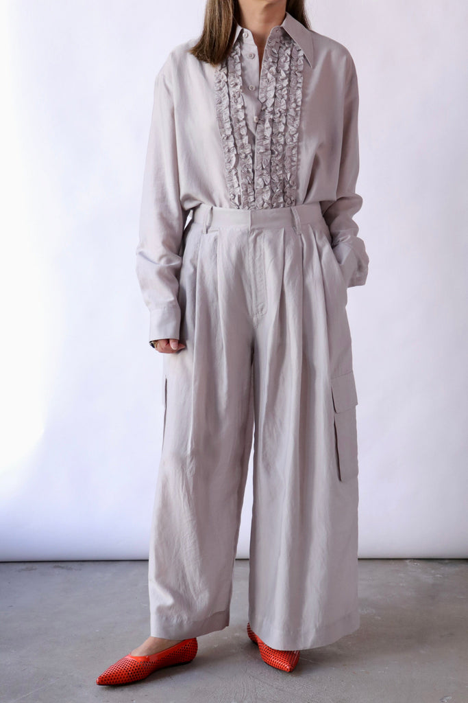 Tibi Silk Viole Cargo Triple Pleat Pant in Stone Bottoms Tibi 