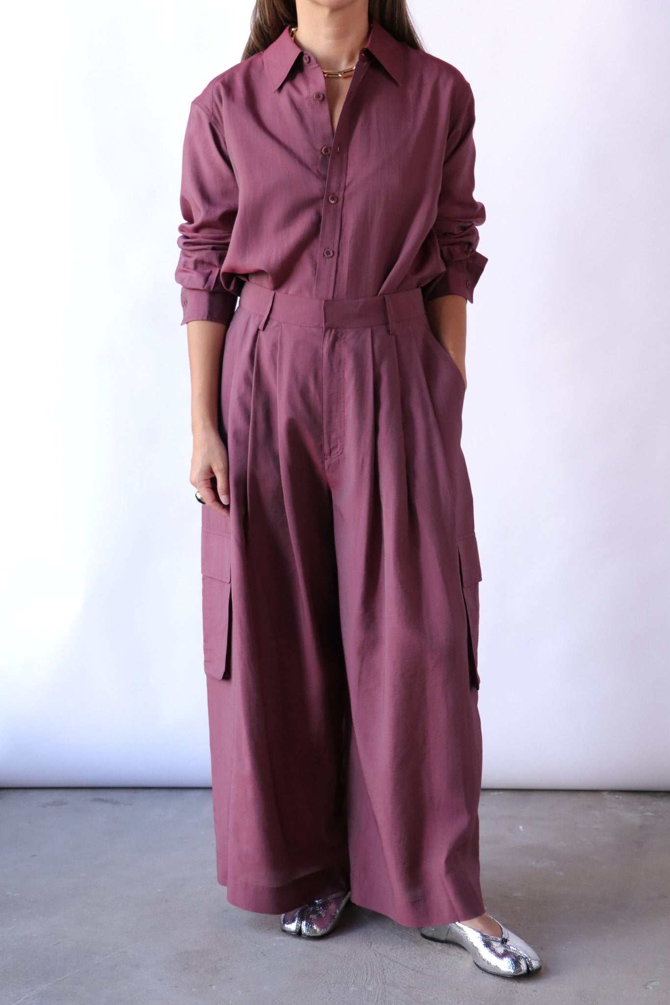 Tibi Silk Viole Charlie Men's Slim Shirt in Light Mulberry tops-blouses Tibi 
