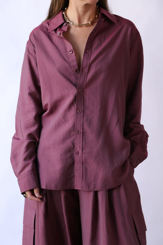 Tibi Silk Viole Charlie Men's Slim Shirt in Light Mulberry tops-blouses Tibi 