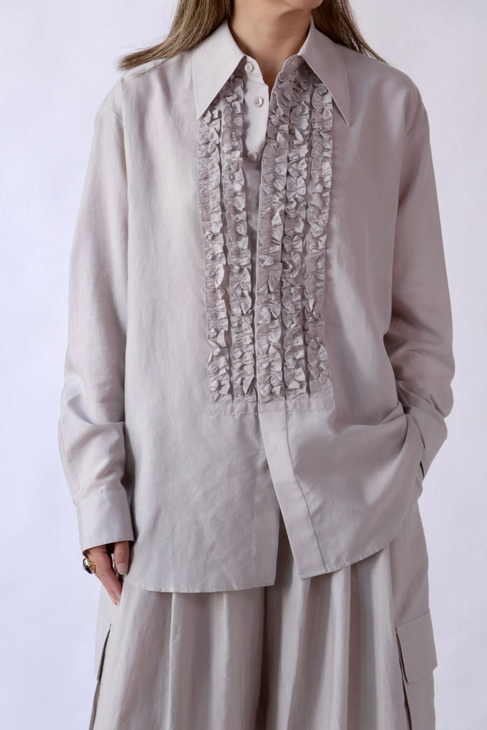 Tibi Silk Viole Easy Tuxedo Shirt in Stone tops-blouses Tibi 