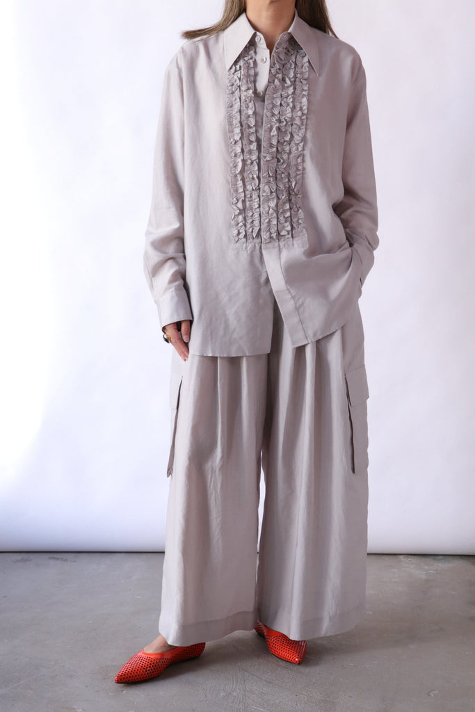 Tibi Silk Viole Easy Tuxedo Shirt in Stone tops-blouses Tibi 