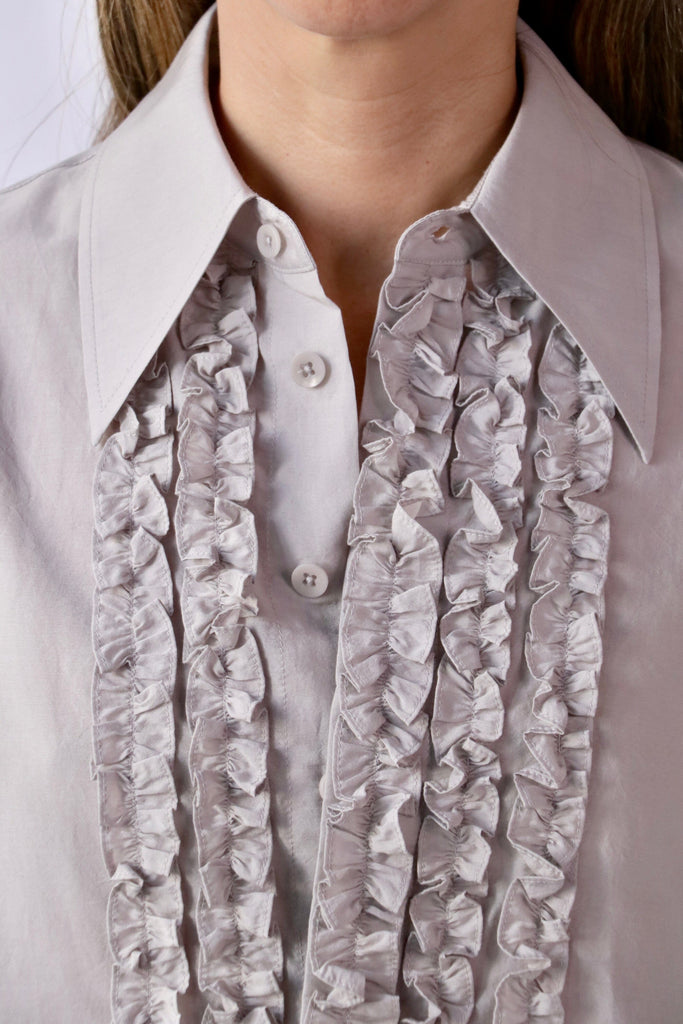 Tibi Silk Viole Easy Tuxedo Shirt in Stone tops-blouses Tibi 