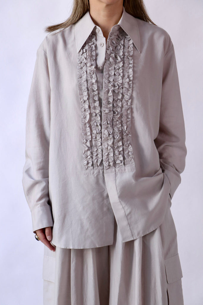 Tibi Silk Viole Easy Tuxedo Shirt in Stone tops-blouses Tibi 