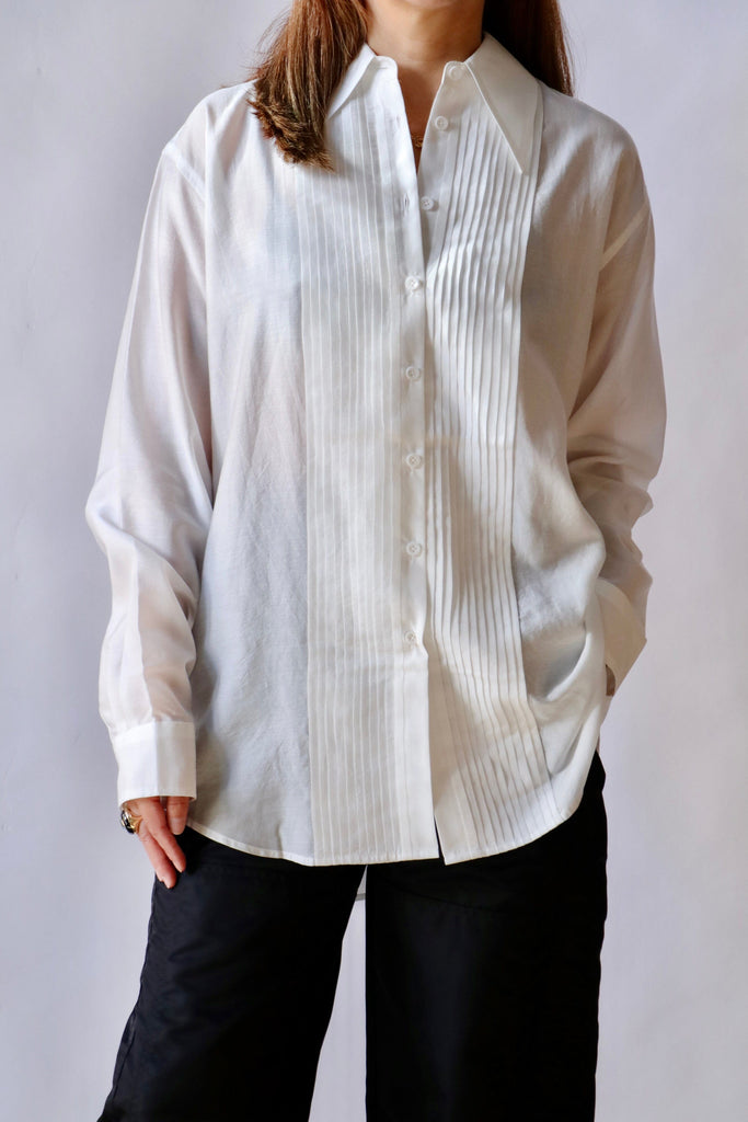 Tibi Silk Voile Easy Pintucked Shirt in Ivory tops-blouses Tibi 
