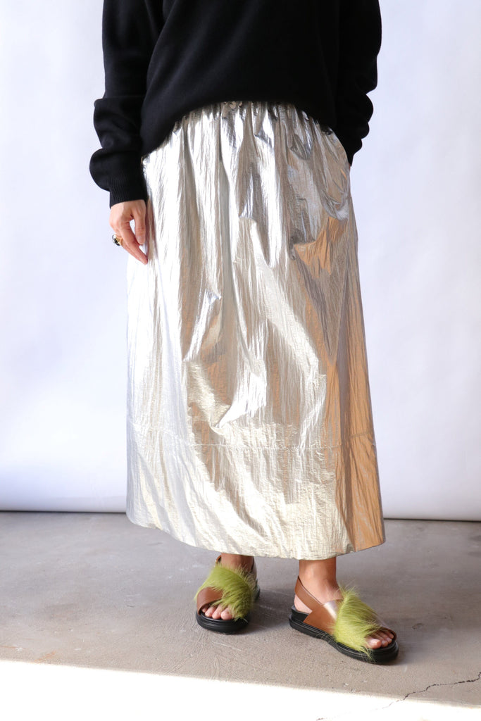 Tibi Silver Metallic Nylon Pull On Full Skirt Bottoms Tibi 