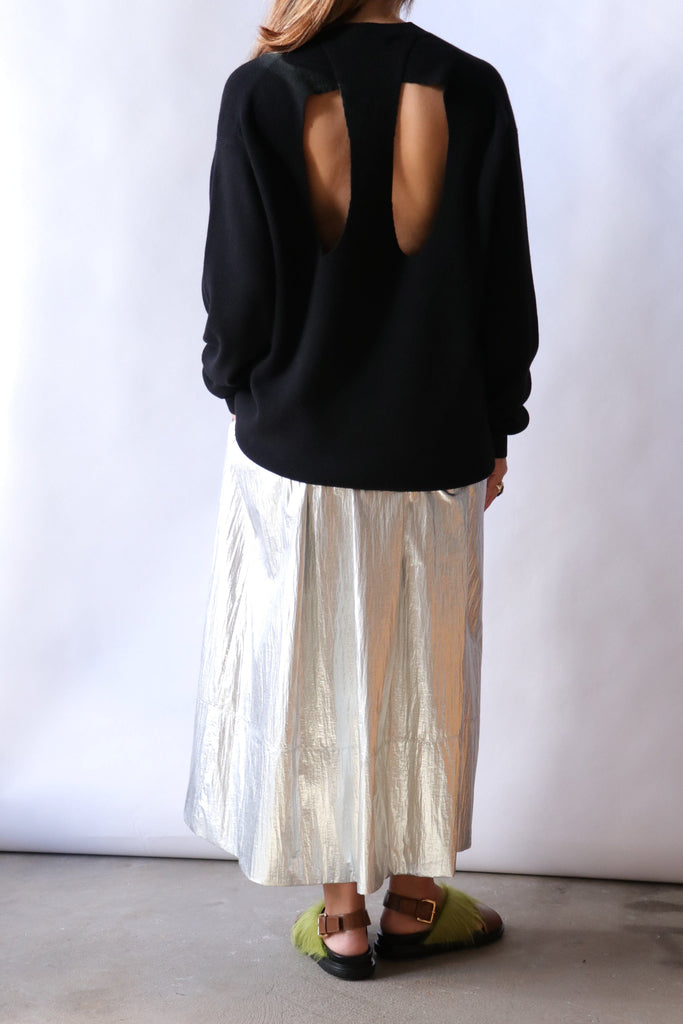 Tibi Silver Metallic Nylon Pull On Full Skirt Bottoms Tibi 