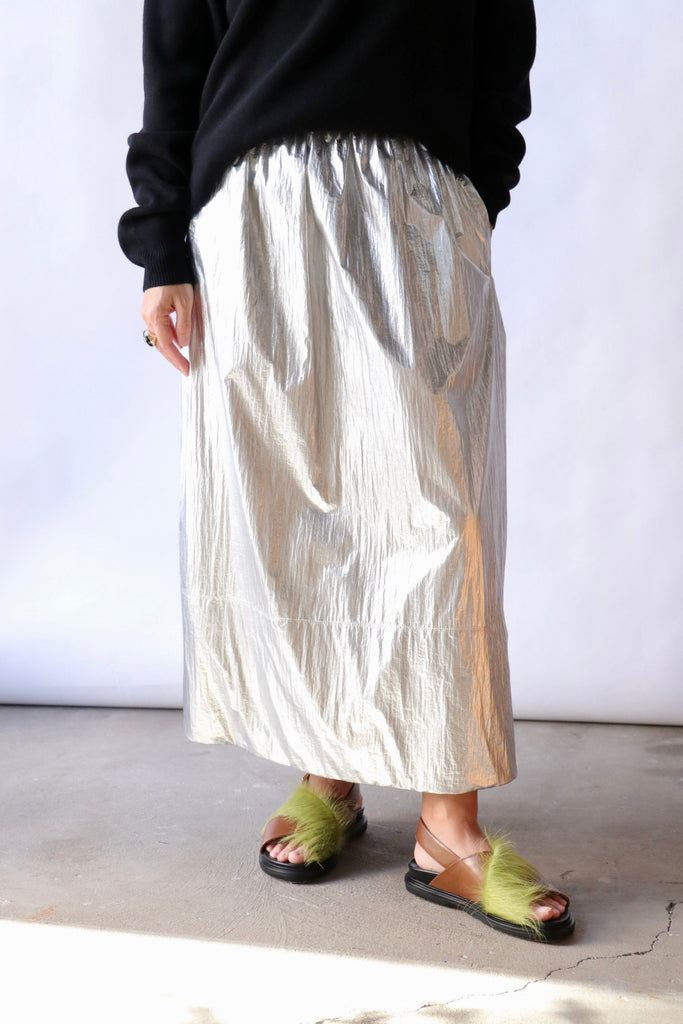 Tibi Silver Metallic Nylon Pull On Full Skirt Bottoms Tibi 