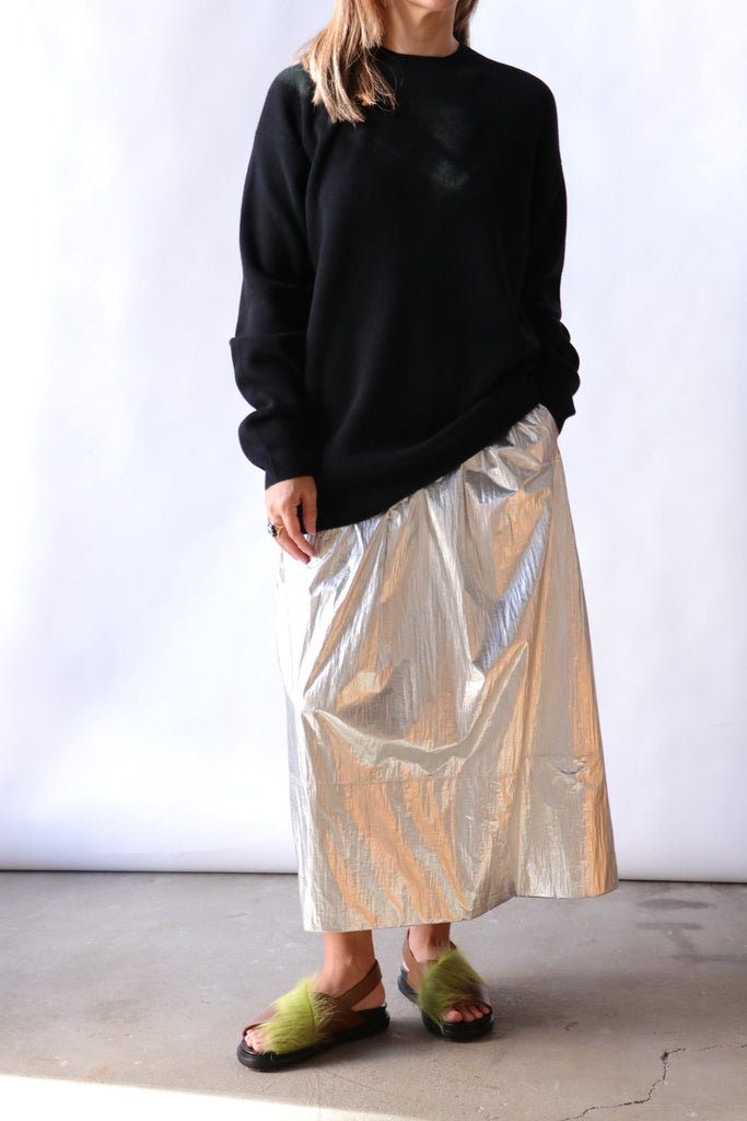 Tibi Silver Metallic Nylon Pull On Full Skirt Bottoms Tibi 