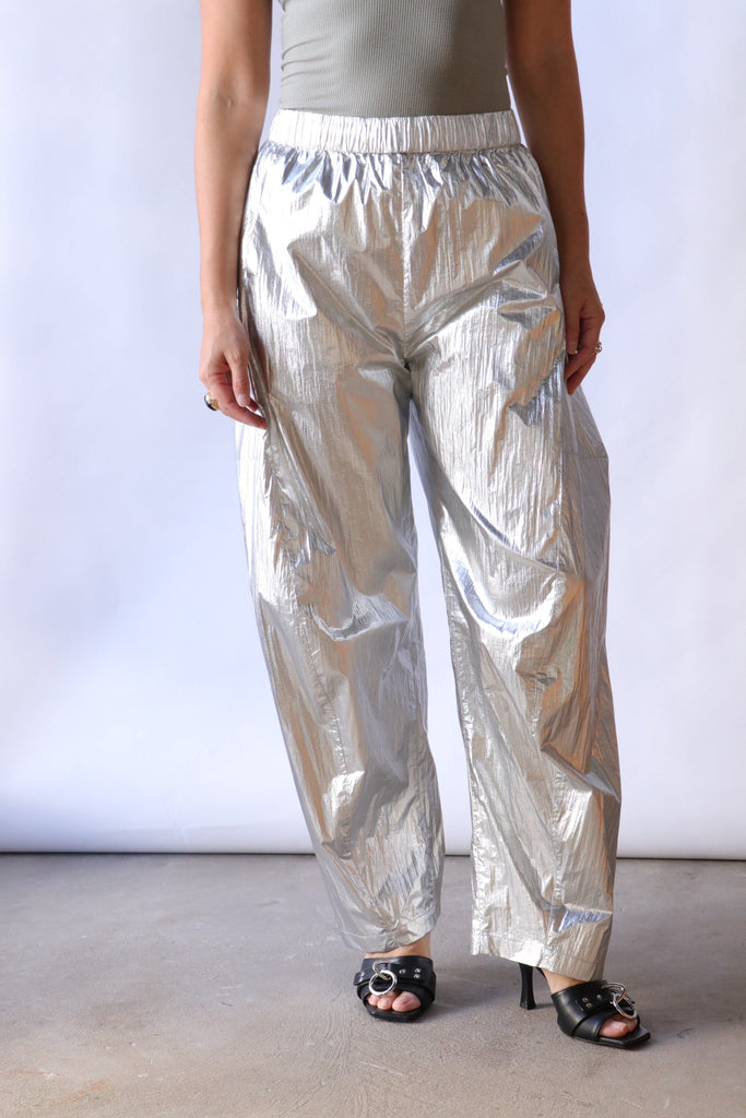 Tibi Silver Metallic Nylon Winslow Pant Bottoms Tibi 