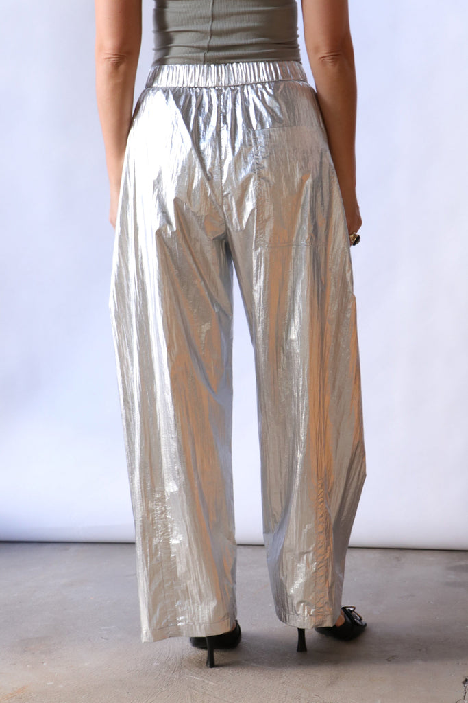 Tibi Silver Metallic Nylon Winslow Pant Bottoms Tibi 