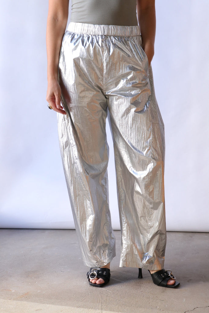 Tibi Silver Metallic Nylon Winslow Pant Bottoms Tibi 