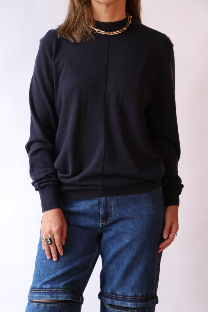 Tibi Skinlike Mercerized Wool Crewneck Pullover in Navy Knitwear Tibi 