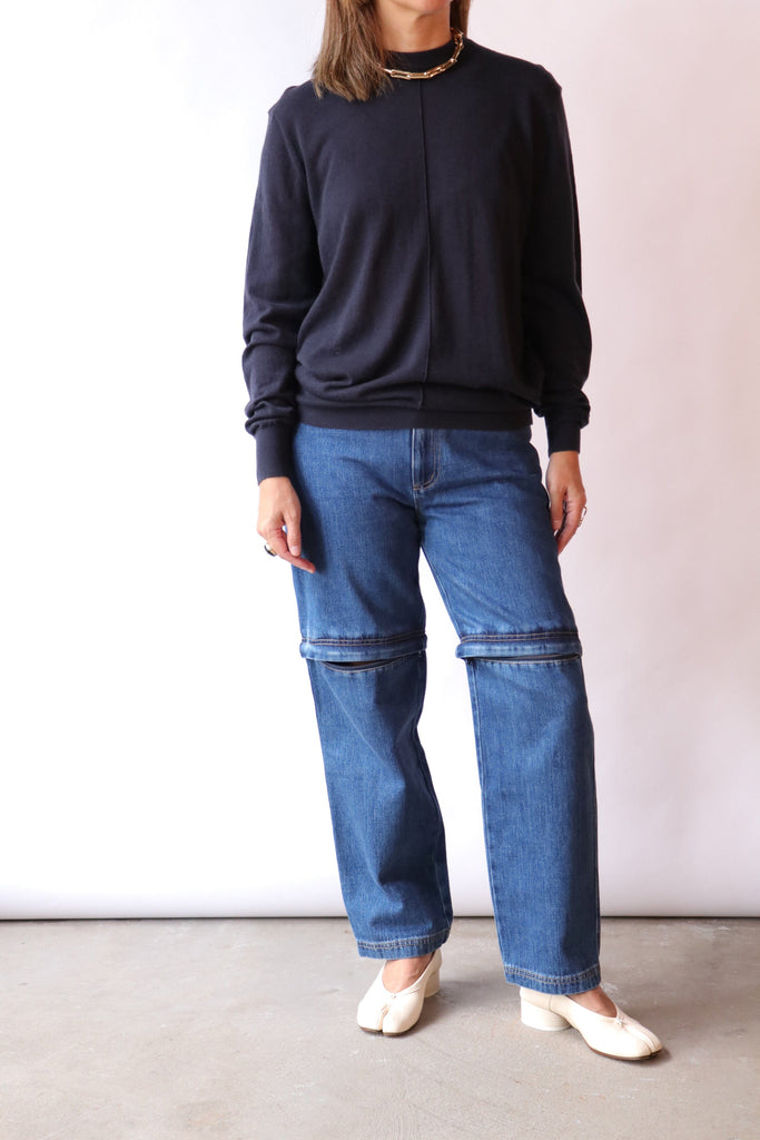 Tibi Skinlike Mercerized Wool Crewneck Pullover in Navy Knitwear Tibi 
