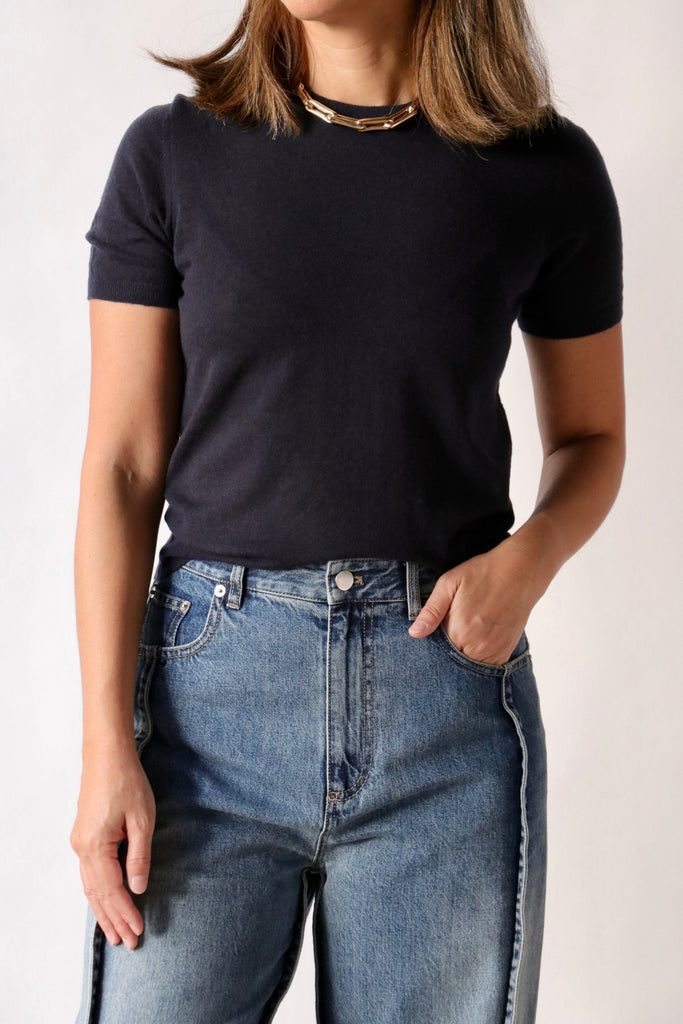 Tibi Skinlike Mercerized Wool Shrunken Tee in Navy tops-blouses Tibi 