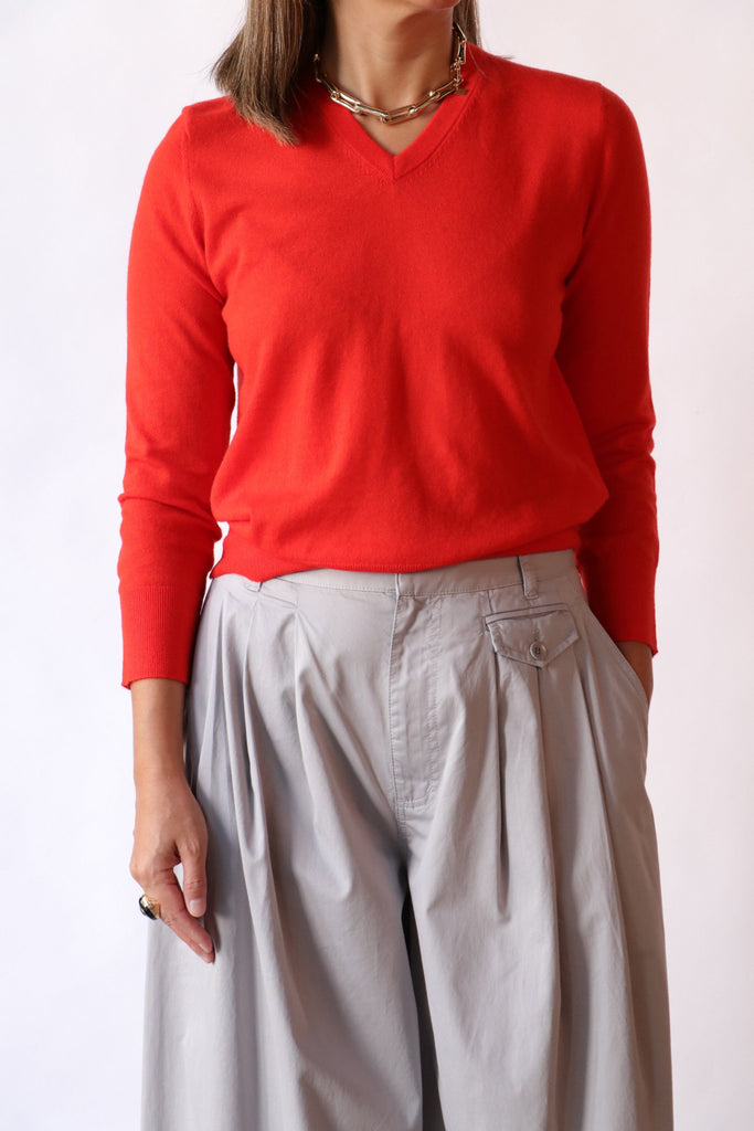 Tibi Skinlike Mercerized Wool Shrunken V-Neck Sweater in Red Knitwear Tibi 