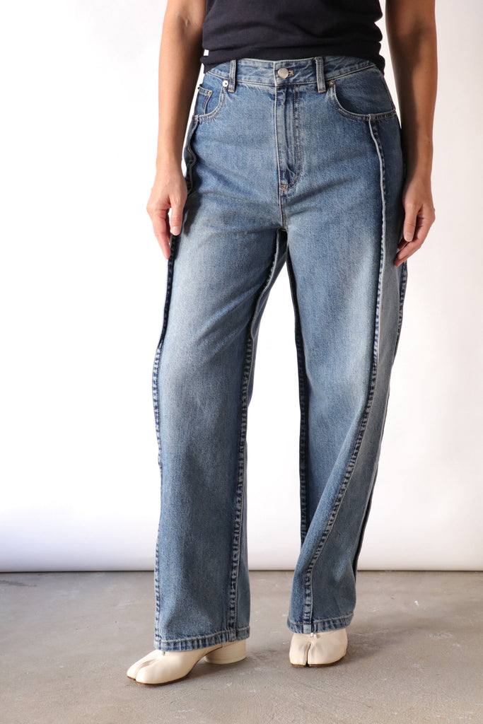 Tibi Spring Denim Tuck Jean in Classic Blue Bottoms Tibi 