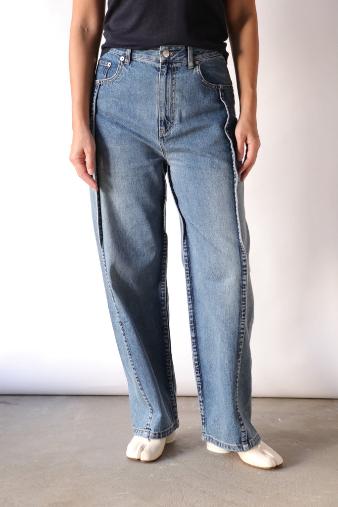 Tibi Spring Denim Tuck Jean in Classic Blue Bottoms Tibi 