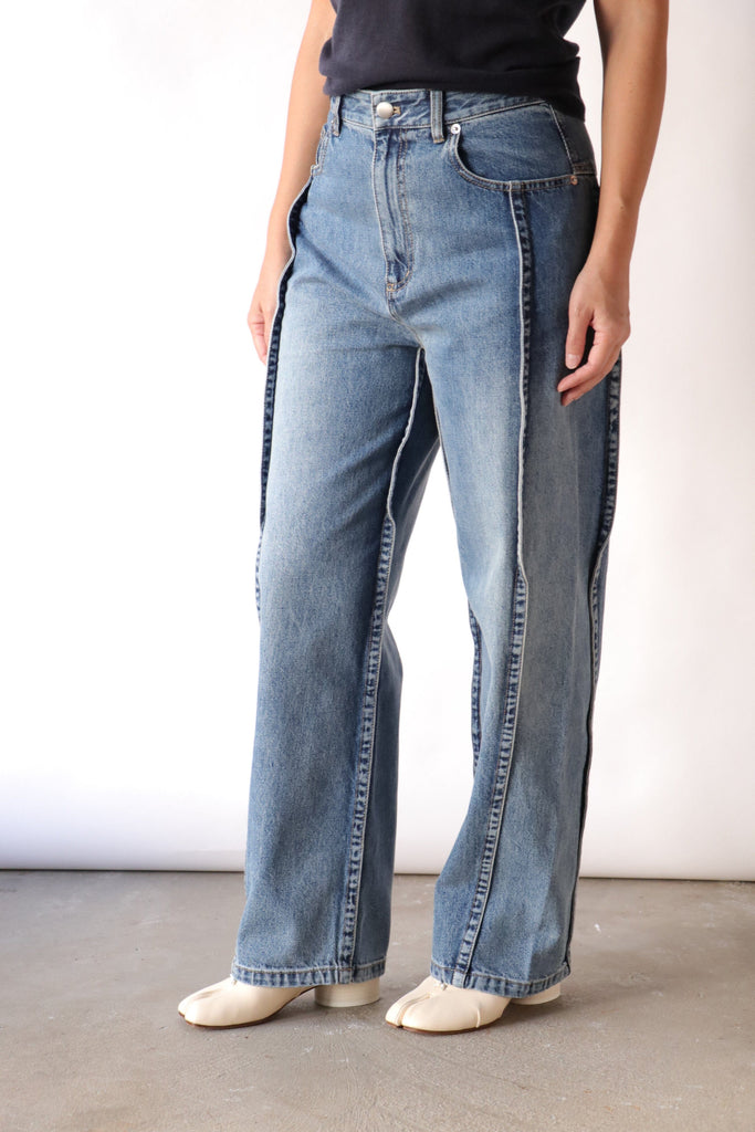 Tibi Spring Denim Tuck Jean in Classic Blue Bottoms Tibi 