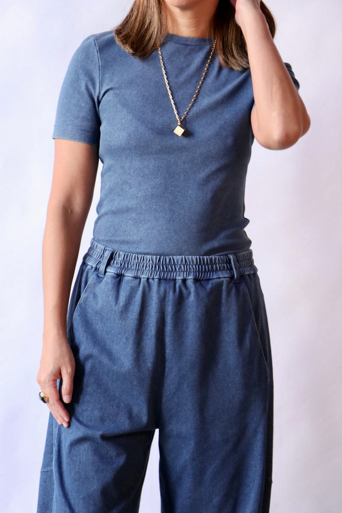 Tibi Stretch Denim Baby T-Shirt in Classic Wash tops-blouses Tibi 