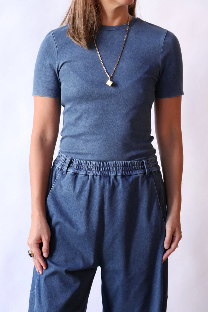 Tibi Stretch Denim Baby T-Shirt in Classic Wash tops-blouses Tibi 