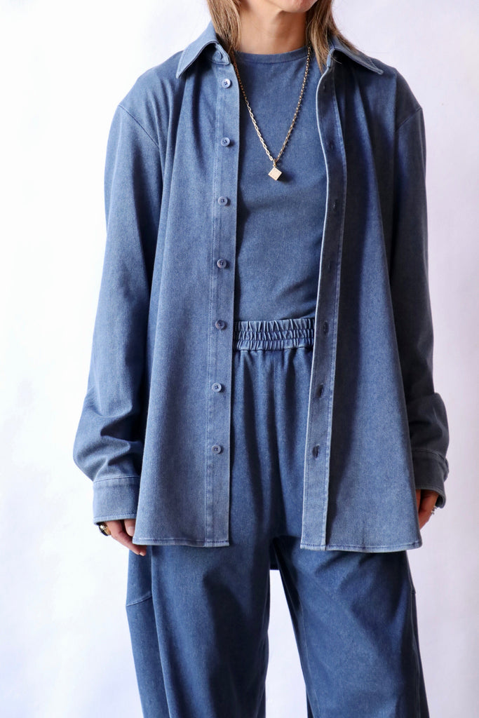 Tibi Stretch Denim Easy Shirt in Classic Wash tops-blouses Tibi 