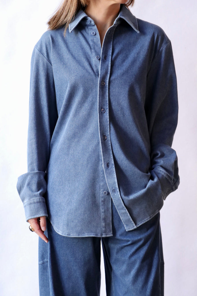 Tibi Stretch Denim Easy Shirt in Classic Wash tops-blouses Tibi 