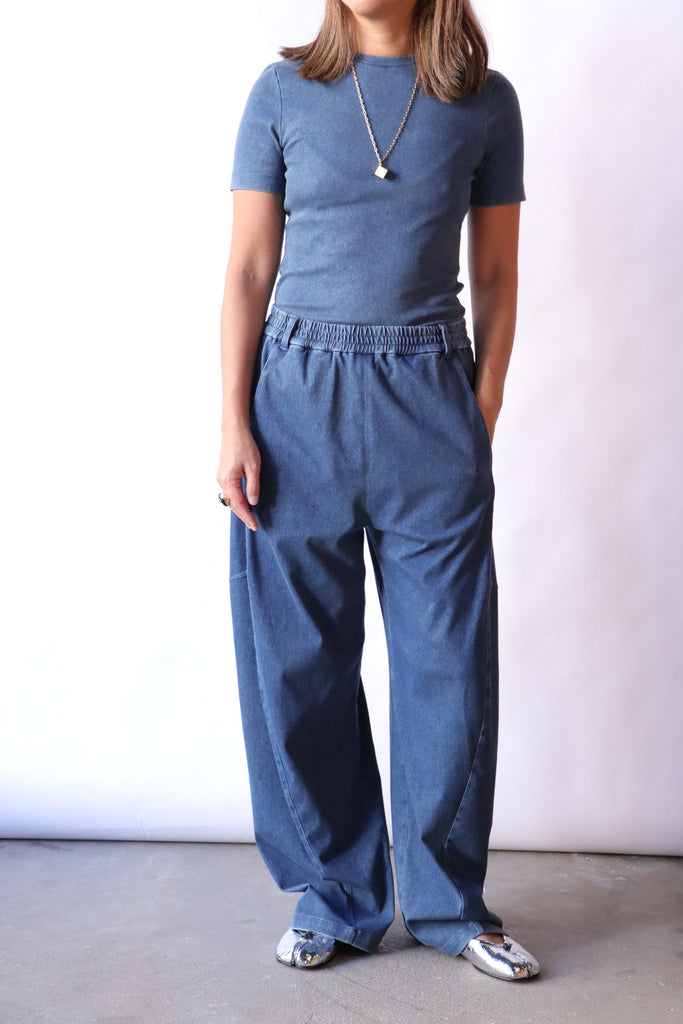 Tibi Stretch Denim Knit Winslow Pant in Classic Wash Bottoms Tibi 